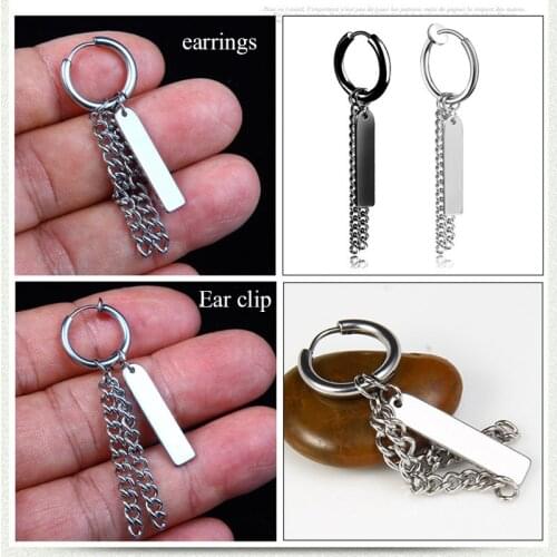 Black Earrings men Fashion KoreanTassel Nameplate Chain Earring Jewelry Stainless Steel Hip Hip men Earring Ear clip Gifts man