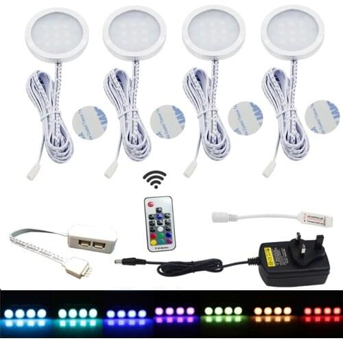 ONDENN Dimmable LED Puck Light Downlights 4x2W RGB Spotlight With IR Remote EU UK US Adapter for Home Hotel KTV Decorative Light