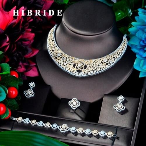 HIBRIDE Latest Design 4 PCS Full Micro Cubic Zirconia Women Wedding Dress Choker Necklace Earring Jewelry Set For Wedding N-862