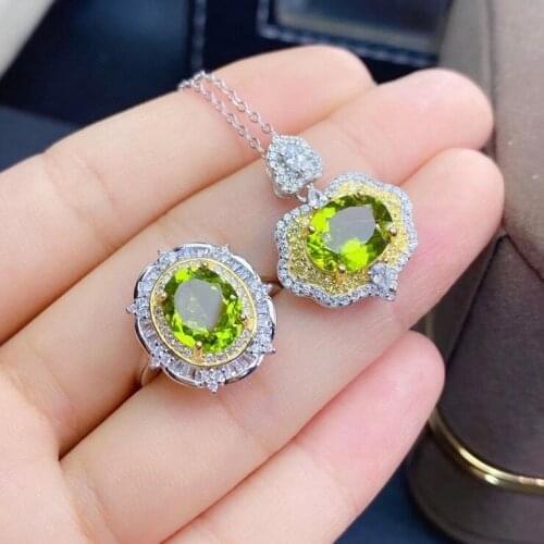 KJJEAXCMY fine jewelry natural Peridot 925 sterling silver luxury girl new pendant necklace chain ring set support test