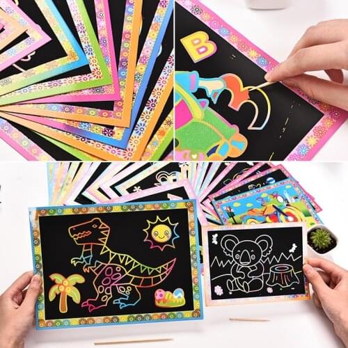 5 Pcs/Set 17*13cm DIY Cartoon Color Scratch Painting Book for Children Scraping Paper Card with Bamboo Stick