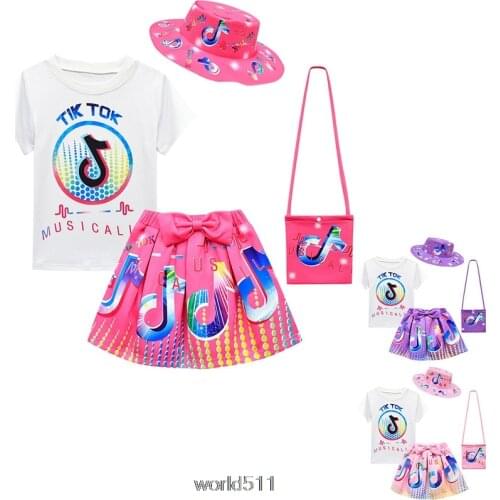 Girls Tik Tok Clothes Sets Hot Summer Short Sleeve Top+Bow Cartoon Print Skirt+Bag + Hat 4-piece Kids Childrens Clothing Suit