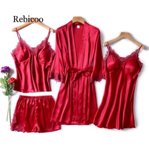 4 Piece Sexy Pajamas Set Women Faux Silk Dressing Gown Lace Sling Shorts Summer Robe Sleepwear With Chest Pads