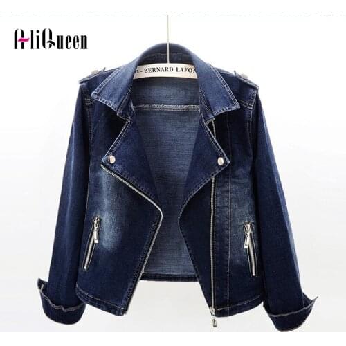 Korean Female Vintage lapel collar zipper Denim Jacket Chaquetas Mujer Blue Outerwear Crop Coat Blue Jean Jackets Plus Size 4XL