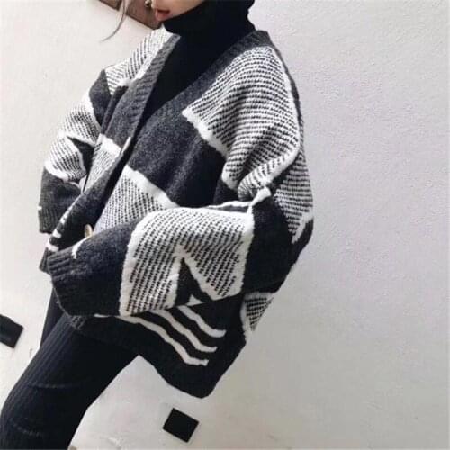 Korean Womens Sweater V-neck Long Sleeve Geometric Knitting Cardigan Jacket Thick Ladies Winter Fashion Knitwear Casual f1811
