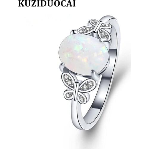 Kuziduocai New Fashion Jewelry Zircon Stainless Steel Opal Angel Wings Butterfly Wedding Bride Party Rings For Women Girls R-842