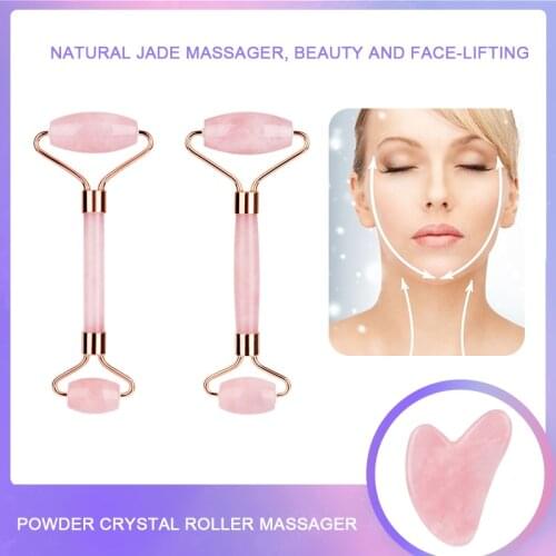 Natural Jade Massage Roller Rose Quartz Facial Massage Guasha Board Set Face Skin Relaxation Beauty Neck Limming One Set