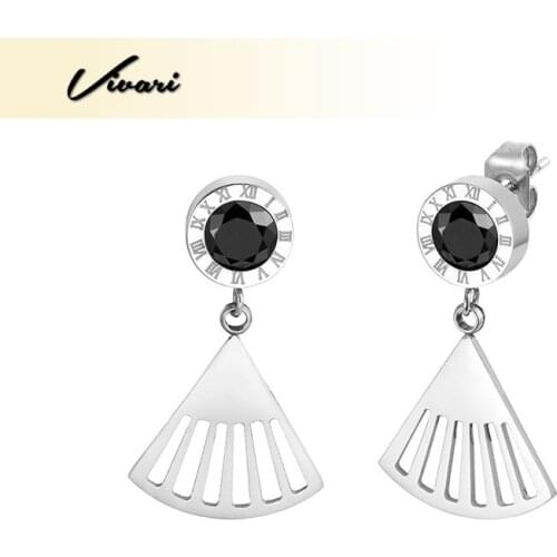 Vivari Fashion Stainless Steel Earrings Fan-shaped Black Crystal Stone Stud Earrings For Women Party Decor