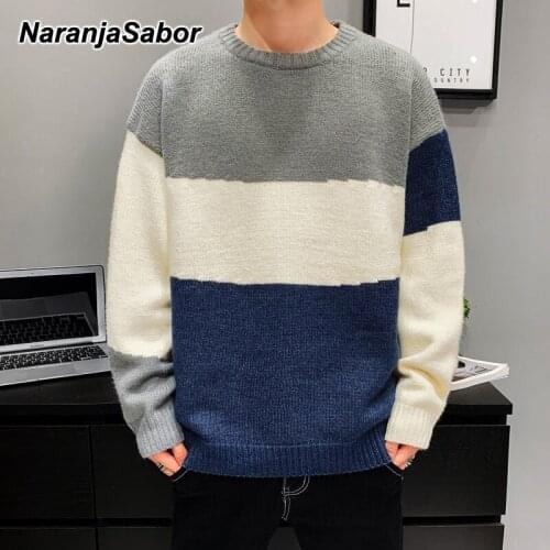 NaranjaSabor Winter Retro Style Sweaters Mens Contrast Color Stitching Fashion Warm Pullovers Boys Hip Hop Casual Sweaters N703