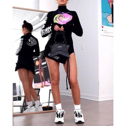 2021 New Sexy Split Micro Mini Dress Black Sexy Club Wear Trendy Print Runway High Neck Long Sleeve Bodycon Dresses