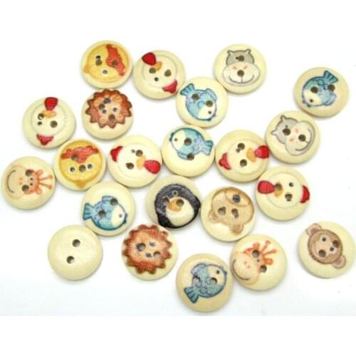 100 15mm Mixed Natural Round Animal Duck Fish Ect Pattern Wooden Buttons For Clothes Crafts Sewing Scrapbooking DIY Accessories