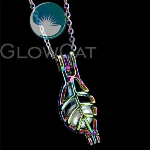 R-C540 Rainbow Colors Plant Leaves Beads Cage Pendant Perfume Diffuser Aromatherapy Oyster Pearl Cage Locket Necklace