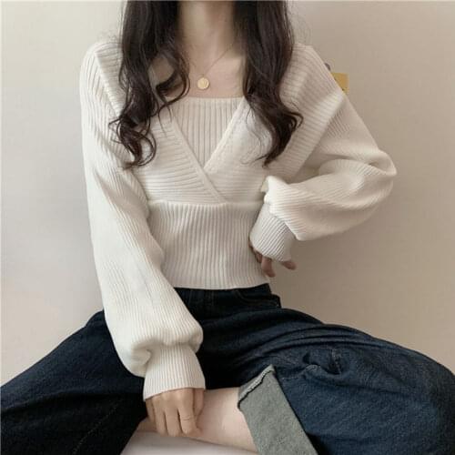 Autumn Women Sweaters Casual Puff Long Sleeve Short Jumper Sexy Cross V Neck Fake Two Pieces Sweater Korean Slim Bottom Knitwear