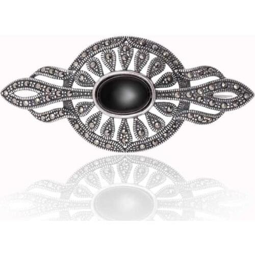 Tevuli 925 Sterling Silver Marcasite and Onyx Gemstone Brooch