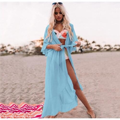 Women Bikini Cover-Up Summer Sexy Ladies Beachwear irregular Swimsuit Solid Color Sashes Ruffles Fashion Chiffon Swimwear