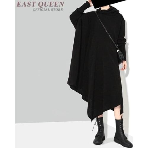 Women asymmetric dresses black turtleneck autumn fashion gothic medieval dress long sleeve dress asymmetric female AA3287