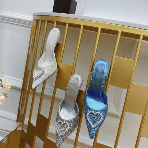 Women Sexy Elegant Crystal Slippers Ladies Thin Heels Slippers Women Pointed-Toes Heels Slippers Shoes Luxury Designers pumps