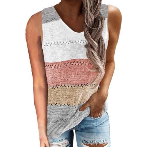 Casual Women Summer V Neck Sleeveless Color Block Stripes Sweater Vest Blouse Block Stripes Sweater Vest Blouse