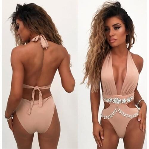 Womens One-Piece Deep V Neck Blingbling Crystal Bathing Suit Swimwear Bandage Bikini Push-up Padded swimsuit Bathing suit