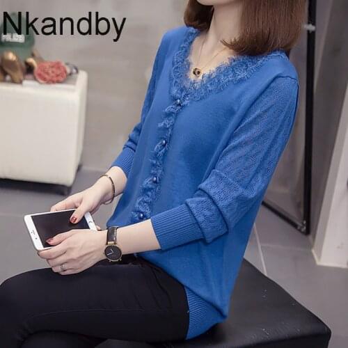 Plus size v neck knitted pullovers sweaters women autumn trendy loose lace trim korean Female jumpers oversize bead knit tops