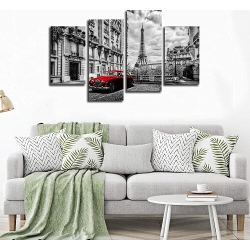 4 Panel Canvas Prints Paris Black and White Tower Red Car Wall Art Landscape Wall Decor Paintings on Canvas Drop shipping