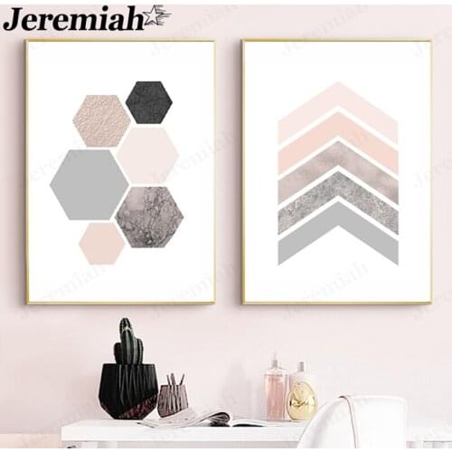 Abstract Geometric Canvas Poster Blush Pink Gray Hexagon Painting Wall Art Nordic Home Living Room Decoration