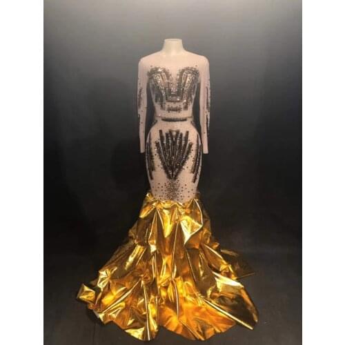 Sparkly Rhinestones Gold Sequins Trailing Dress Formal Women Singer Evening Party One Piece Costume Bar Performance Stage Outfit