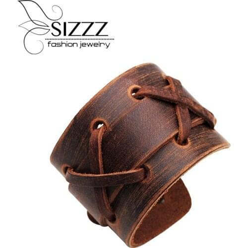 SIZZZ 28CM Long Adjustable Punk popular retro European and American wide leather handmade bracelet&bngles for men