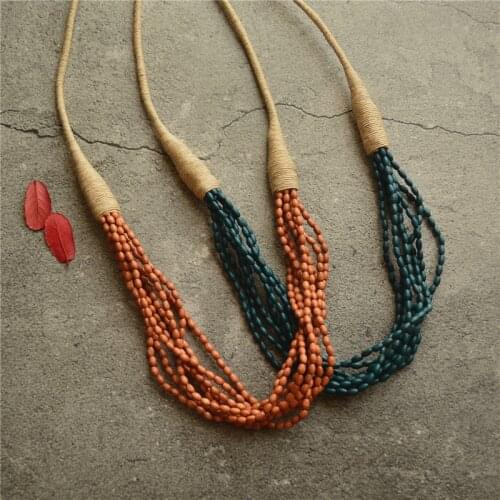 Simple Wooden Bead Multi-Layer Geometric Hemp Rope Sweater Chain Necklaces for Woman Ethnic Style Vintage Jewelry