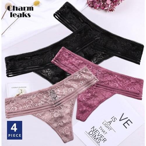 Charmleaks Womens Underwear Pack of 4 Panties Hollow-out Thong Briefs Lace String Tanga Soft Sexy Transparent lingerie