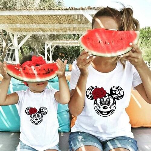 Mickey Mouse Head Print Family T Shirt Mommy And Me Mother Kids Clothes Summer Short Sleeve White O-neck Tee Shirt Family Look T