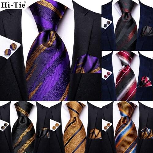 Hi-Tie Purple Red Striped Silk Wedding Tie For Men Fashion Design Gift Men Necktie Hanky Cufflink Set Business Party Dropshiping
