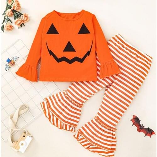 Halloween Costume for Girls Ghost Head T-shirt and Trousers Two-piece Suit Pumpkin Striped Flared Pants Childrens Clothing Set