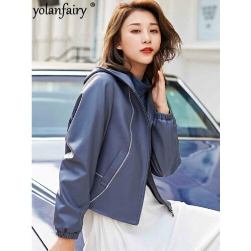 Real Leather Jacket Women 100% Sheepskin Jacket Blue Spring Autumn Hooded Short Coat Chaqueta Cuero Mujer HQ19-CJX1805A pph384