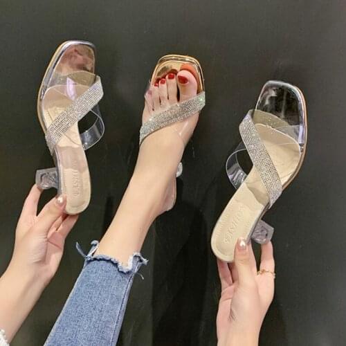 Summer PVC Diamond Cross Belts Transparent Womens High Heel Slipper Mules Slip On Sandals Chunky Square Toe 2021 Dress Shoes