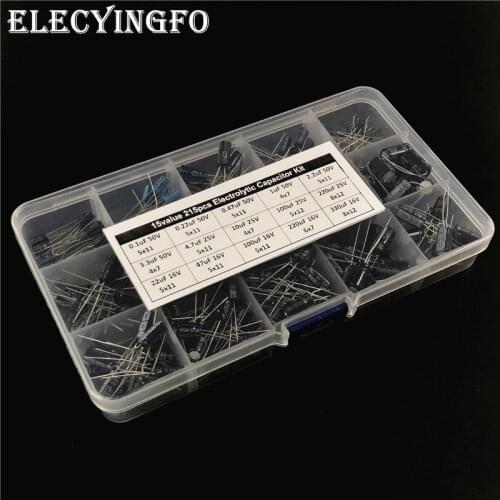 15values 215pcs 16V/25V/50V (0.1uF to 330uF) mix Electrolytic capacitor kit with storage box