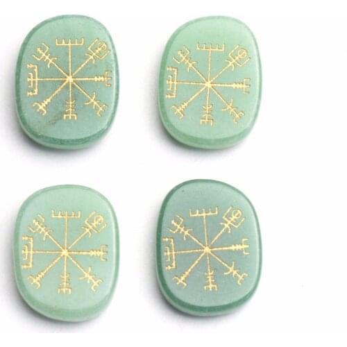 Set of 4 Green Aventurine Carved Crystal Reiki Healing Palm Stones Engraved Ancient Norse Viking Rune Vegvisir with a Pouch
