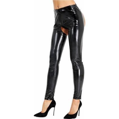 Erotic Women Latex Pants Patent Leather Lingerie Open Crotch Costume Clubwear Skinny Stretchy Crotchless Porno Leggings Trousers