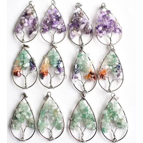 Wholesale 12pcs/lot natural stone mixed tree of life handmade wire wrapped drop shape Pendants for jewelry marking free