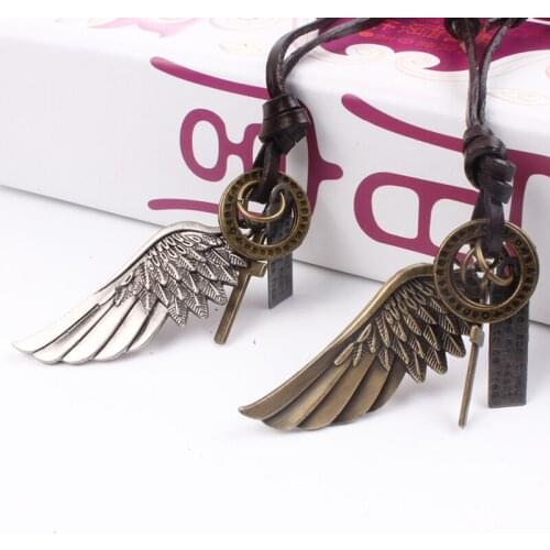 2017 fashion Angels wing leather cross necklaces & pendants Punk cowhide necklace for men women collar choker colar jewelry hot