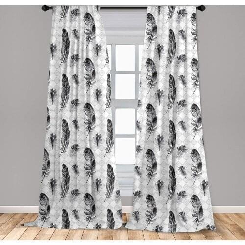Feather Window Curtain Grunge Plumage on Geometric Inner Squares Sketchy Gothic Background Lightweight Decorative