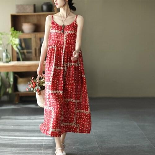 Women Summer Sleeveless Spagetti Strap Dress Fashion Loose Inner Wear Ramie Sundress Ladies 2021 Print Casual Sling Beach Dress