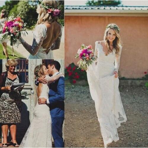 Sexy Beach Bohemian Wedding Dress 2020 Long Sleeve V Neck Low Back Lace Boho Wedding Dresses Country Western Vestido de Noiva