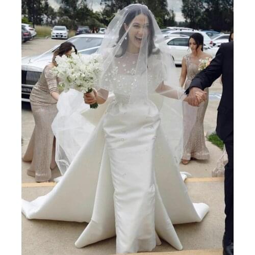 Wedding Dresses With Cape Big Bow Detachable Train Sheath Bridal Dress Appliques Beads robe de soirée de mariage