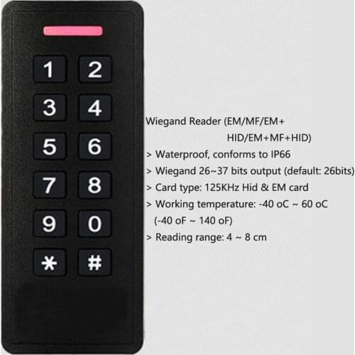 Backlight Waterproof IP66 Wiegand 26~37 bit output 125KHz RFID keypad Access Control Proximity Card Reader Door Opener