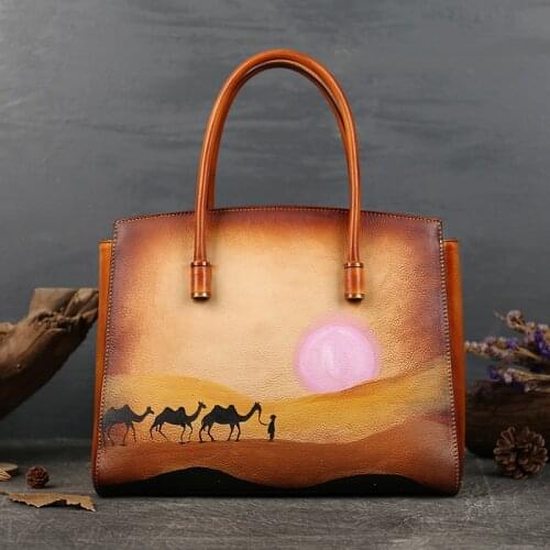 Retro Hand Painted Landscape Genuine Leather Women Tote Bag 2021 Winter Ladies Vintage Nature Cowhide Designer Luxury Handbag