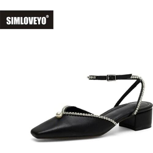 SIMLOVEYO 2021 New Summer Cow Leather Crystal Ankle Strap Buckle Sandals Square Heel Slingback Female Shoes Women Pumps Size 40