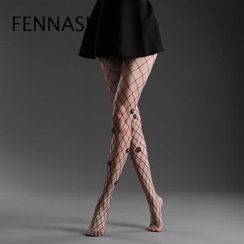 FENNASI Women Summer Black Sexy Fishnet Tights With Flower Thin Polyester Pattern Jacquard Tights Floral Fashion Tights