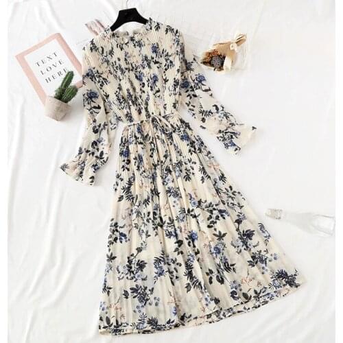 Women Elegant Long Dress 2020 Spring summer Casual Flare Sleeve Print Office Lady Chiffon Dresses Loose Pleated Dress Vestidos