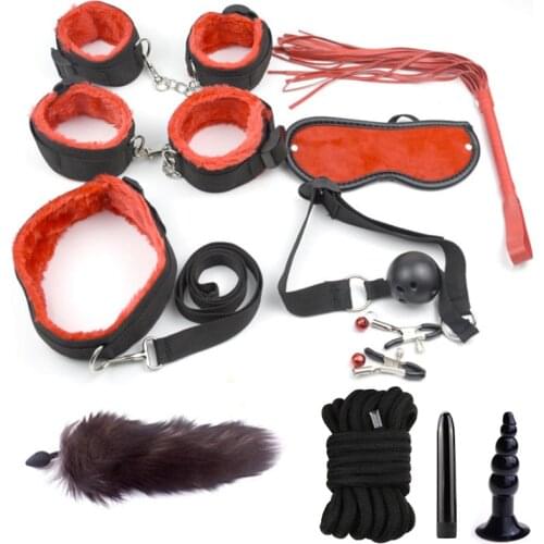 12pcs Sex Handcuffs Whip Rope Eye Mask Nipple Clamps Anal Plug Bullet Vibrator Sex Bondage Set Exotic Accessories for Couples